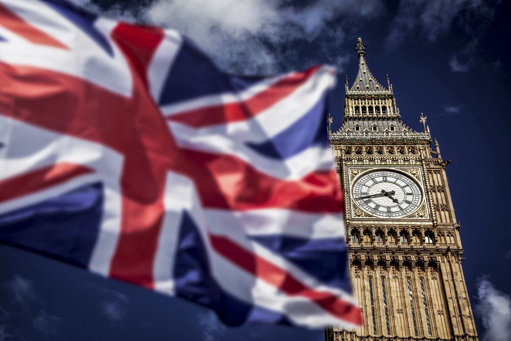 Parliament with British flag unfurled before