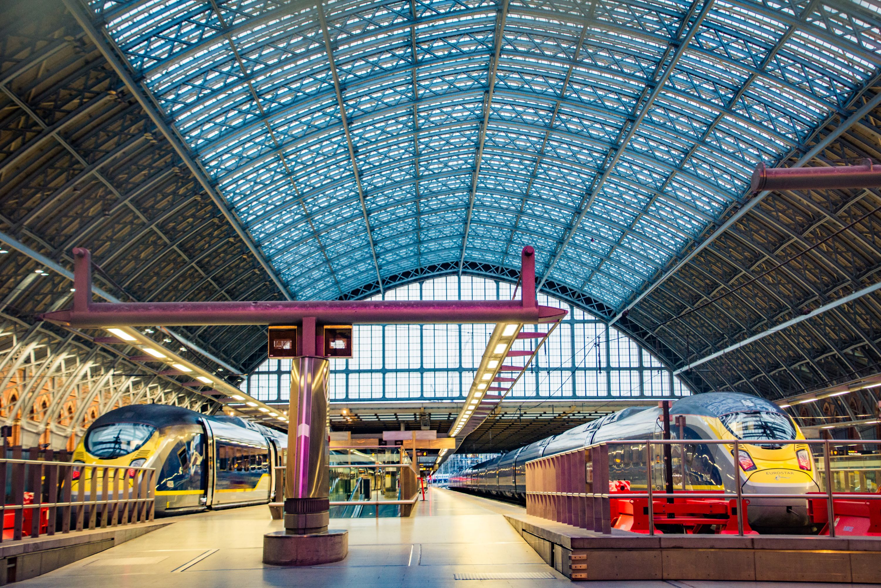 Two Eurostar trains idling in St Pancras station London