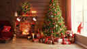 Festive living room, with Christmas tree by mantle piece, presents underneath