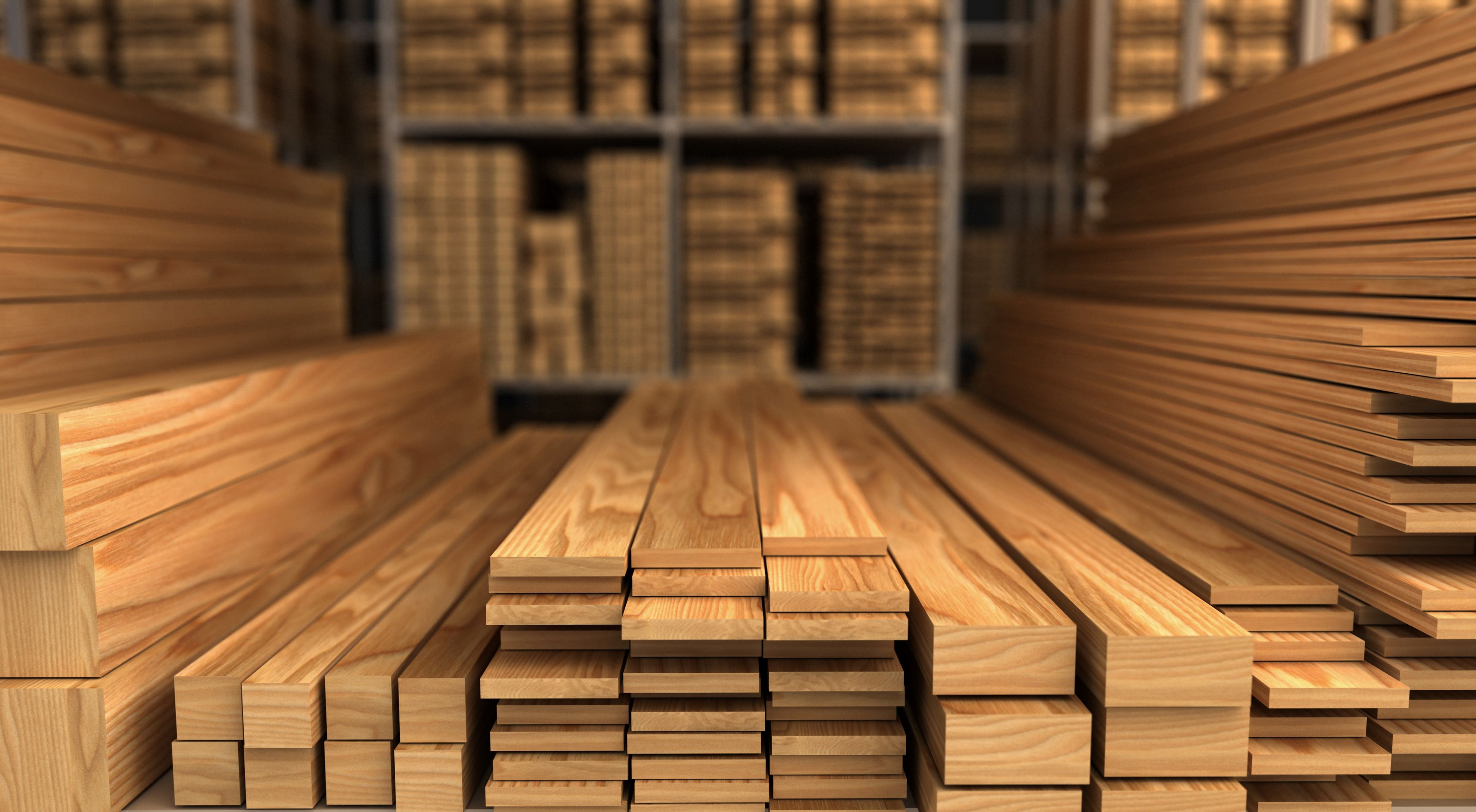 Piles of cut wood in a warehouse