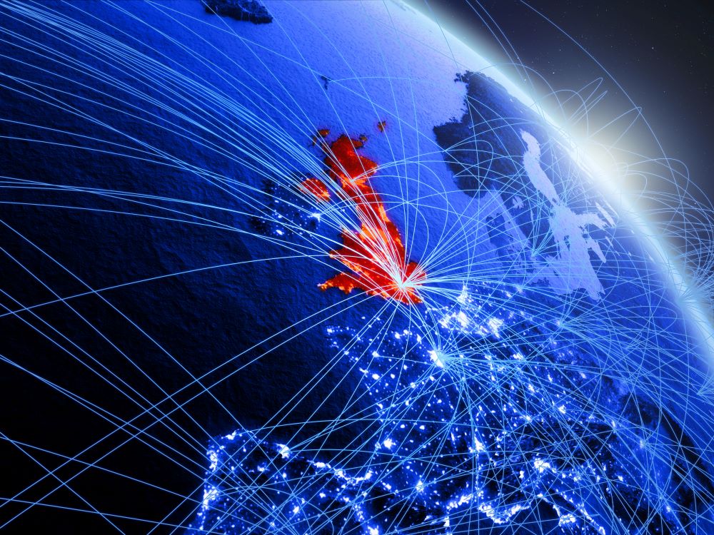 Map of UK with lines showing supply chain routes with other countries