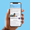 Image of hand holding a phone on a blue background - phone displays the Global Trade Today newsletter