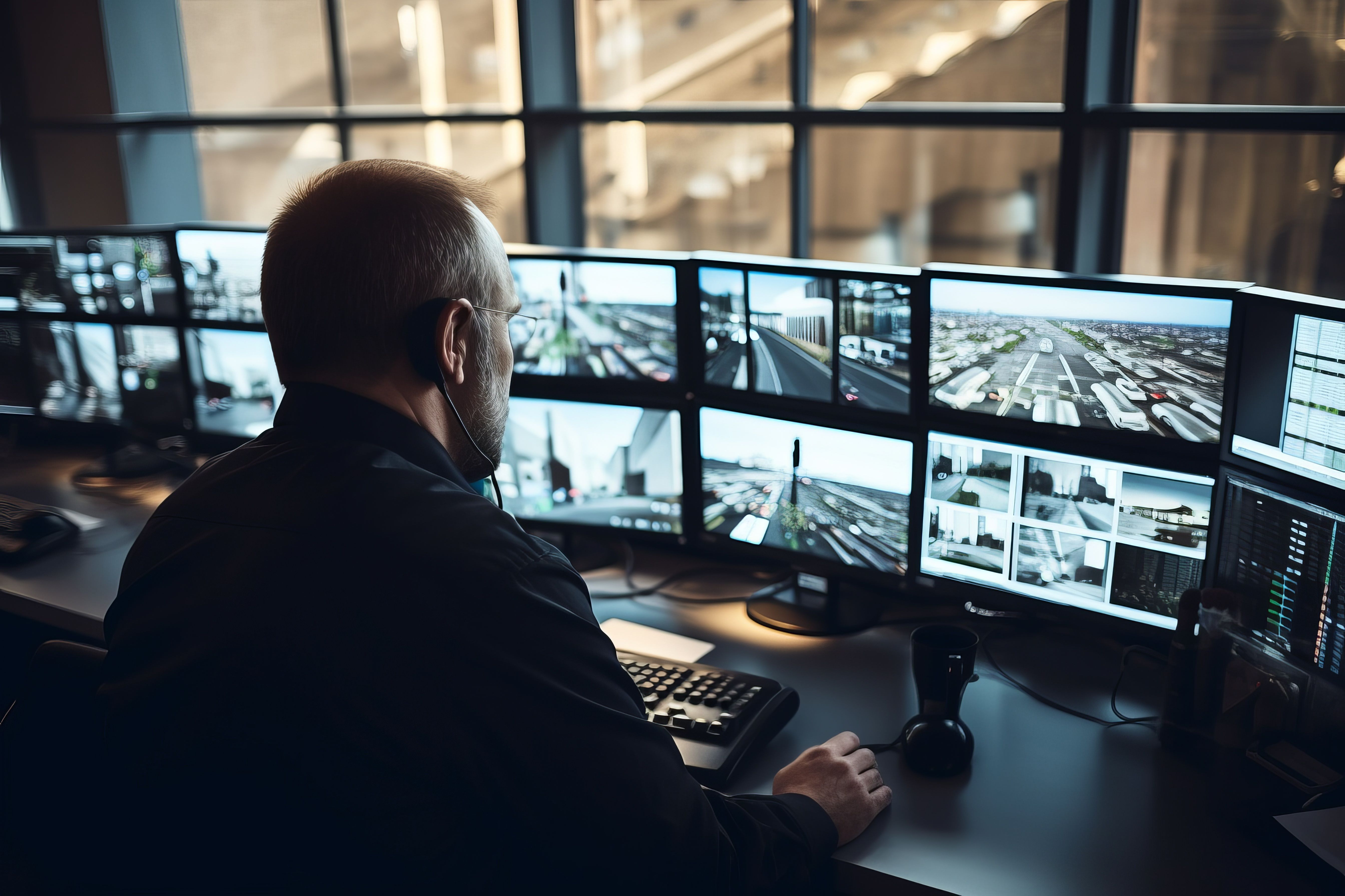 Security worker watching bank of computer screens