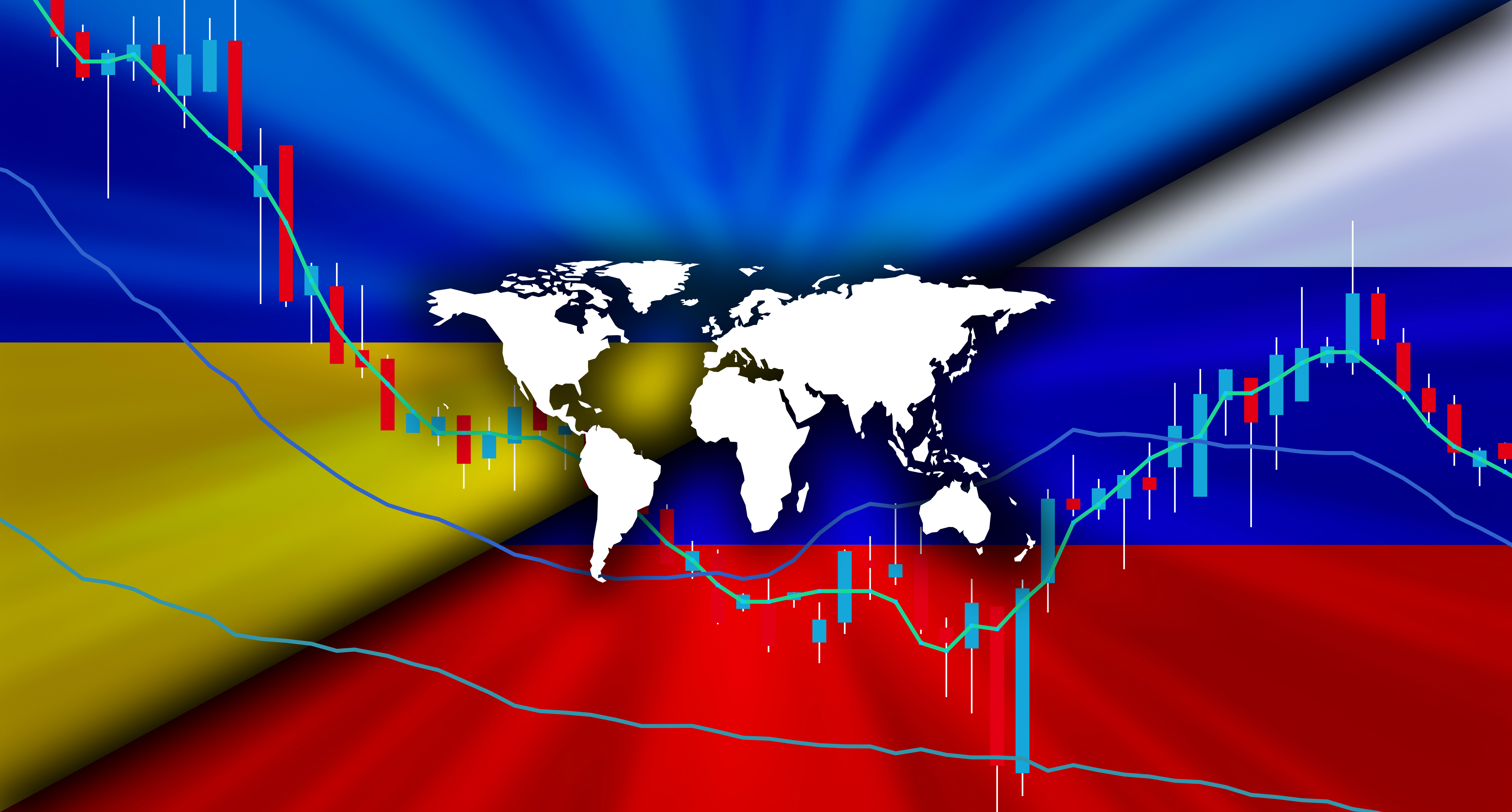 Flags of Ukraine and Russia with graph showing economi data 