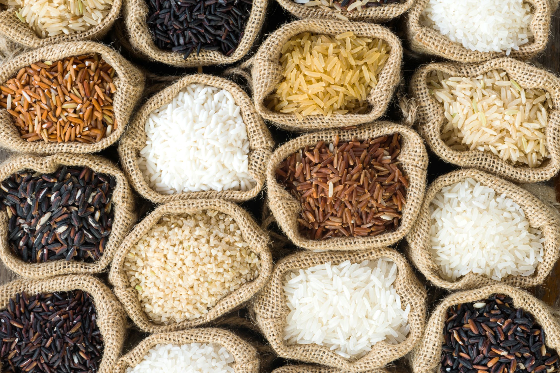 Bags of different types of rice