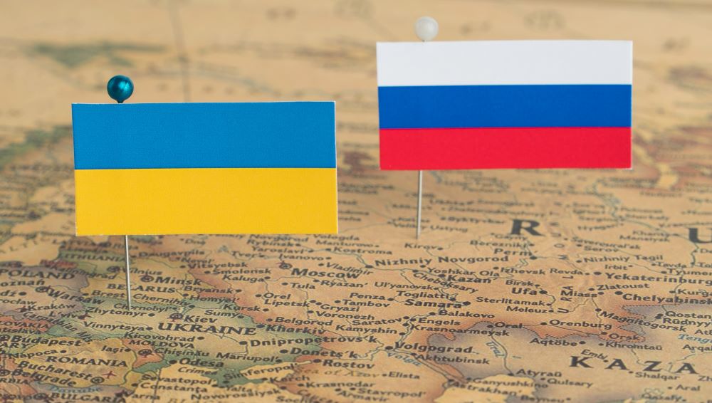 Russia Ukraine flags on a map