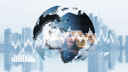 Image of a globe with graphs and piles of coins overlayed on a background of a cityskyline